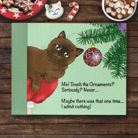 Puzzle Chat Brun de Noël Mignon Vert Enjoué Humour