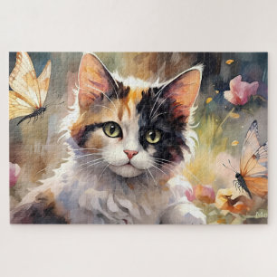 Puzzle Chat calico et papillons dans un jardin printanier