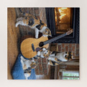 Puzzle Chat calicot avec chatons et guitare (Horizontal)