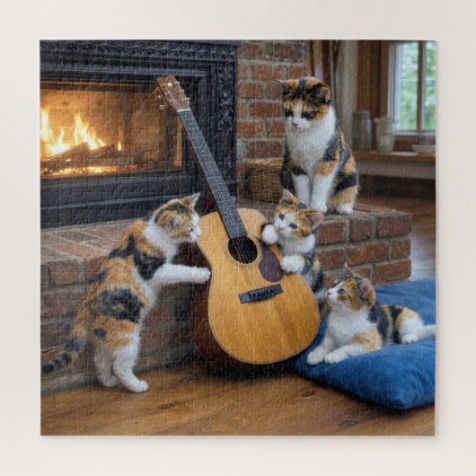 Puzzle Chat calicot avec chatons et guitare (Vertical)