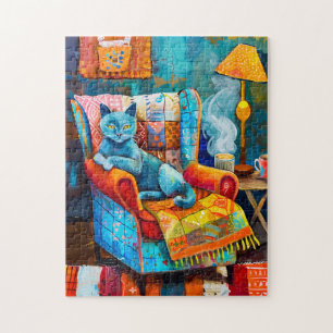 Puzzle Chat confortable dans un fauteuil