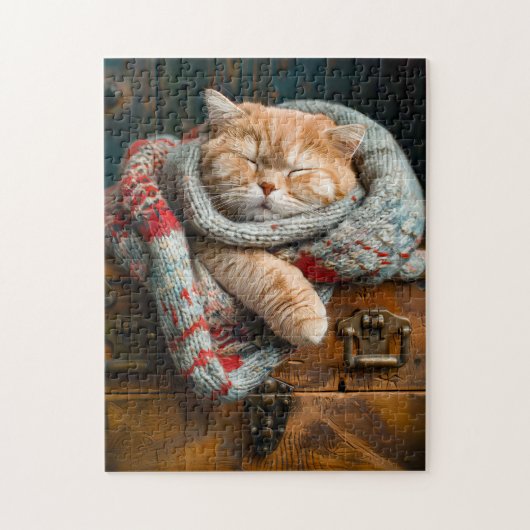 Puzzle Chat confortable endormi sur une boîte en bois (Vertical)