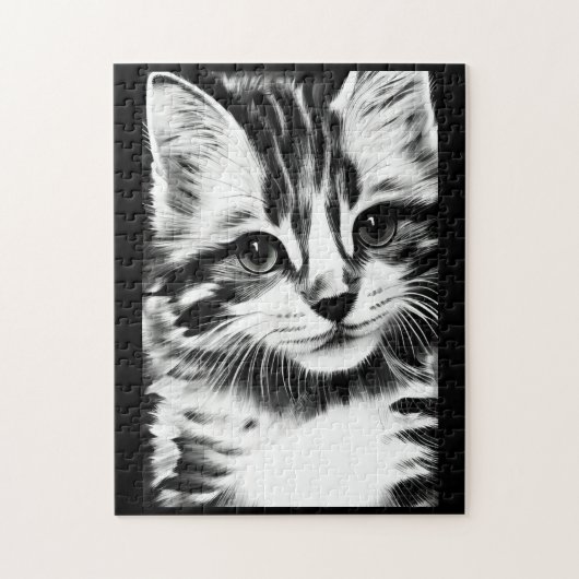Puzzle Chat contemplant en voix de chaton noir et blanc (Vertical)
