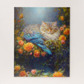 Puzzle Chat couché avec plumes bleues Nichant en Rose (Vertical)