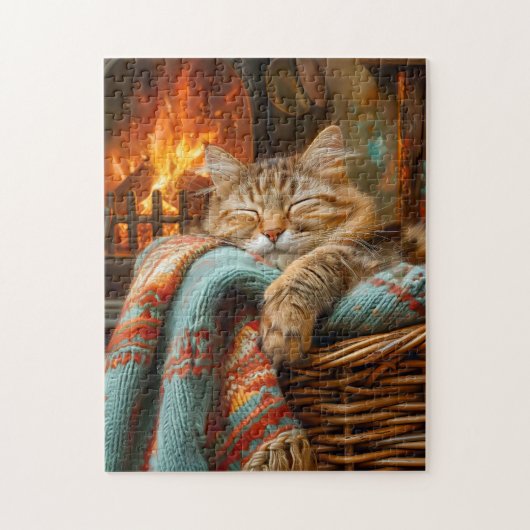Puzzle Chat Cozy Dormant dans un Panier près d'une Chemin (Vertical)
