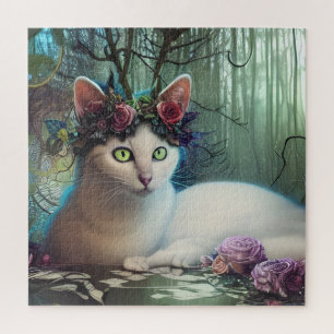 Puzzle Chat dans une Forêt Magique Art Généré par IA