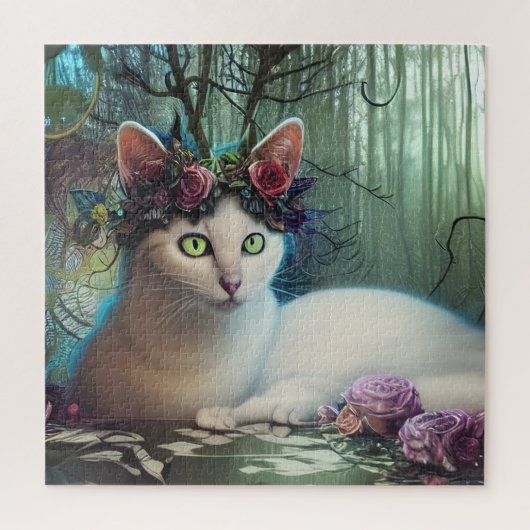 Puzzle Chat dans une Forêt Magique Art Généré par IA (Vertical)