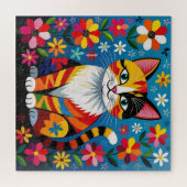 Puzzle Chat d'art populaire Boho, Fleurs & Papillon (Horizontal)