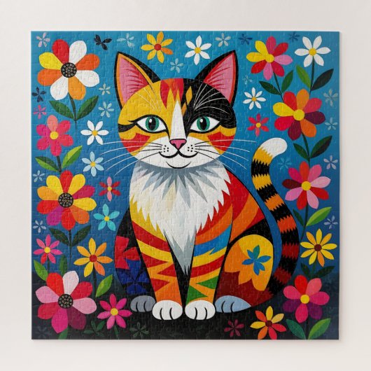 Puzzle Chat d'art populaire Boho, Fleurs & Papillon (Vertical)