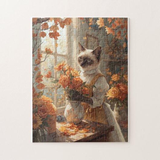 Puzzle Chat d'automne avec fleurs pour Thanksgiving (Vertical)