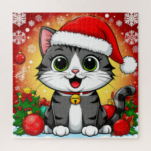 Puzzle Chat de dessin animé avec chapeau de Père Noël et