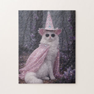 Puzzle Chat de magicien magique en cape et chapeau rose s