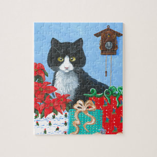 Puzzle Chat de Noël amusant noir Tuxedo horloge