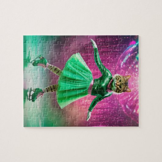 Puzzle Chat de patinage sur glace adorable en vert (Horizontal)