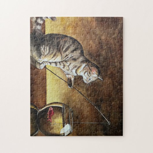 Puzzle chat de pêche à l'aquarelle (Vertical)
