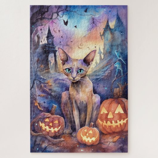 Puzzle Chat d'Halloween Abyssinian avec la peur Citrouill (Vertical)