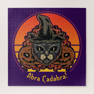 Puzzle Chat d'Halloween en sorcière Casquette Abra Cadabr