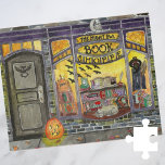 Puzzle Chat d'Halloween et Boutique de livres<br><div class="desc">Cette jolie peinture de librairie d'Halloween a été créée comme la page d'octobre d'une série calendrier de vitrines aquarelles. Doté d'une vitrine éffrayante mais jolie de librairie pleine de décoration sorcière, de livres hantants, de décorations de chauve-souris, de citrouilles sculptés, de livres de sorcellerie magique et d'un chaton gris endormi,...</div>