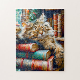 Puzzle Chat endormi sur un tas de livres