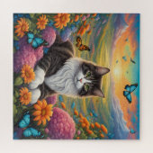 Puzzle Chat entouré de fleurs et de papillons (Horizontal)