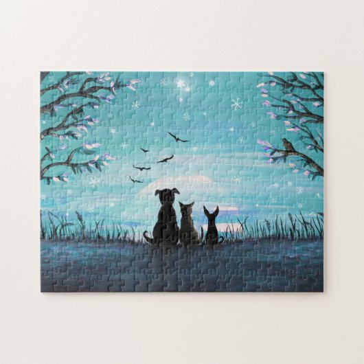 Puzzle Chat et chiens Coucher de soleil hivernal (Horizontal)