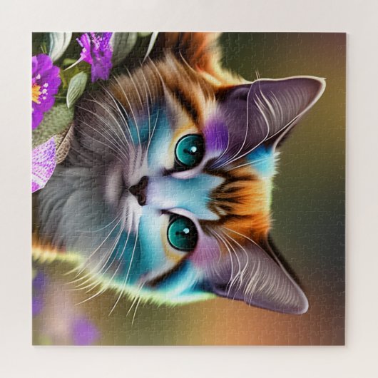 Puzzle chat et fleurs bleu et rouille calico (Horizontal)