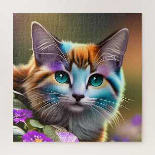 Puzzle chat et fleurs bleu et rouille calico