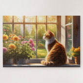 Puzzle Chat et fleurs dans une fenêtre ensoleillée (Horizontal)