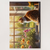Puzzle Chat et fleurs dans une fenêtre ensoleillée (Vertical)