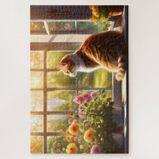Puzzle Chat et fleurs dans une fenêtre ensoleillée (Vertical)