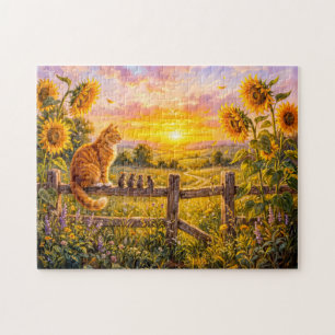 Puzzle Chat et Souris Coucher de Soleil sur une Clôture