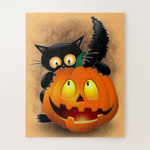 Puzzle Chat Fun Halloween Caractère mordant un Citrouille