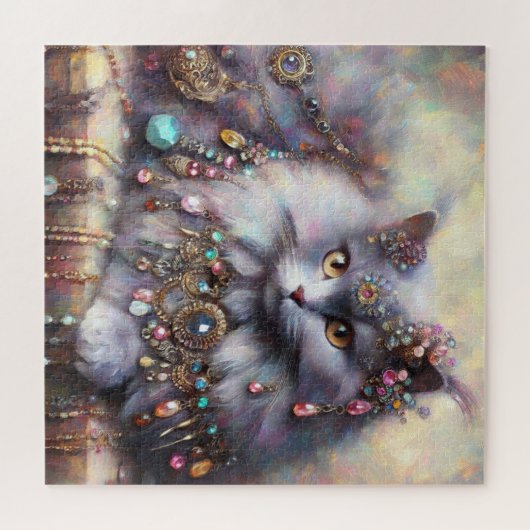 Puzzle Chat Gris aux cheveux longs avec bijoux Gris Gris  (Horizontal)