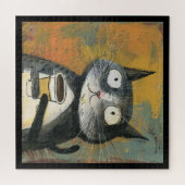 Puzzle Chat gris avec café sur fond ocre (Horizontal)