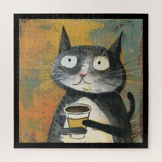 Puzzle Chat gris avec café sur fond ocre (Vertical)