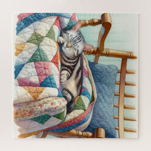 Puzzle Chat gris doux dormant sur une courtepointe (Horizontal)
