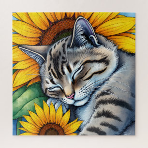 Puzzle Chat Gris Mignon Endormi et Tournesol