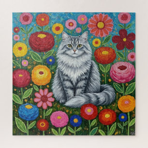 Puzzle Chat gris rayé et duveteux avec des fleurs d'art f