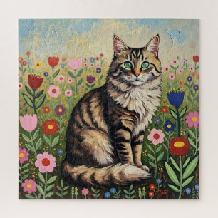 Puzzle Chat gris tabby duveteux et fleurs d'art populaire