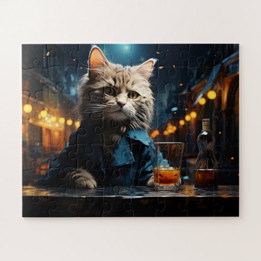 Puzzle Chat habillé au café de nuit (Horizontal)