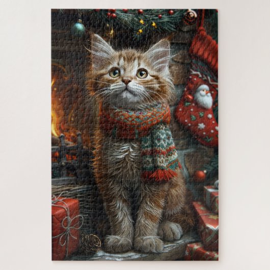 Puzzle Chat Maine Coon avec des cadeaux de Noël Cheminée (Vertical)