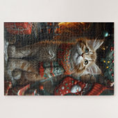 Puzzle Chat Maine Coon Avec Foyer Cadeaux De Noël (Horizontal)