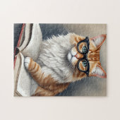 Puzzle Chat mignon avec lunettes Lecture d'un livre (Horizontal)