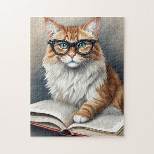 Puzzle Chat mignon avec lunettes Lecture d'un livre