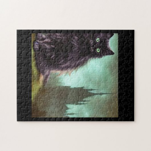 Puzzle Chat noir aux cheveux longs yeux verts devant le c (Horizontal)