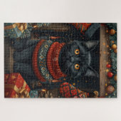 Puzzle Chat noir avec cheminée de cadeaux de Noël (Horizontal)