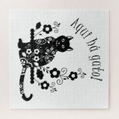 Puzzle Chat noir avec fleurs et expression portugaise (Horizontal)