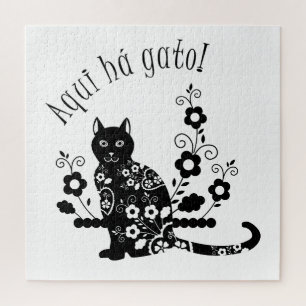 Puzzle Chat noir avec fleurs et expression portugaise