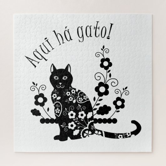 Puzzle Chat noir avec fleurs et expression portugaise (Vertical)
