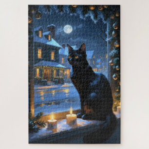 Puzzle Chat Noir Avec Lumières De Noël Férié